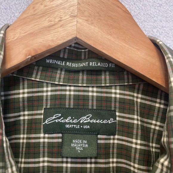 Eddie Bauer Relaxed Fit Button Up Shirt Mens Large Tall LT Green Red Plaid - Picture 4 of 15